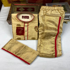 Horad Premium Art Silk Gold Emboss Elephant Border Kids Long Kurta + Kache Panche + Border Angavastram