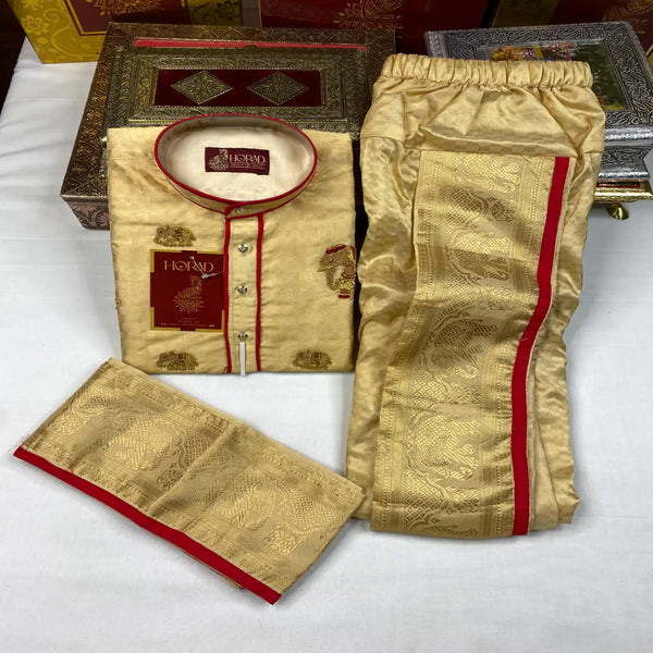 Horad Premium Art Silk Gold Emboss Elephant Border Kids Long Kurta + Kache Panche + Border Angavastram