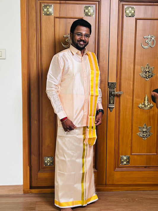 Horad Premium Art Silk Rose Gold Shirt + Dhoti +  Angavastram