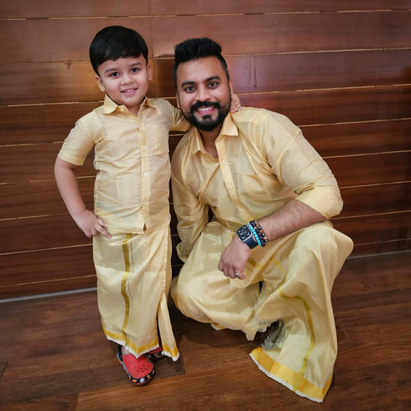 Horad Premium Art Silk Dad and Son Light Gold  Shirt + Dhoti
