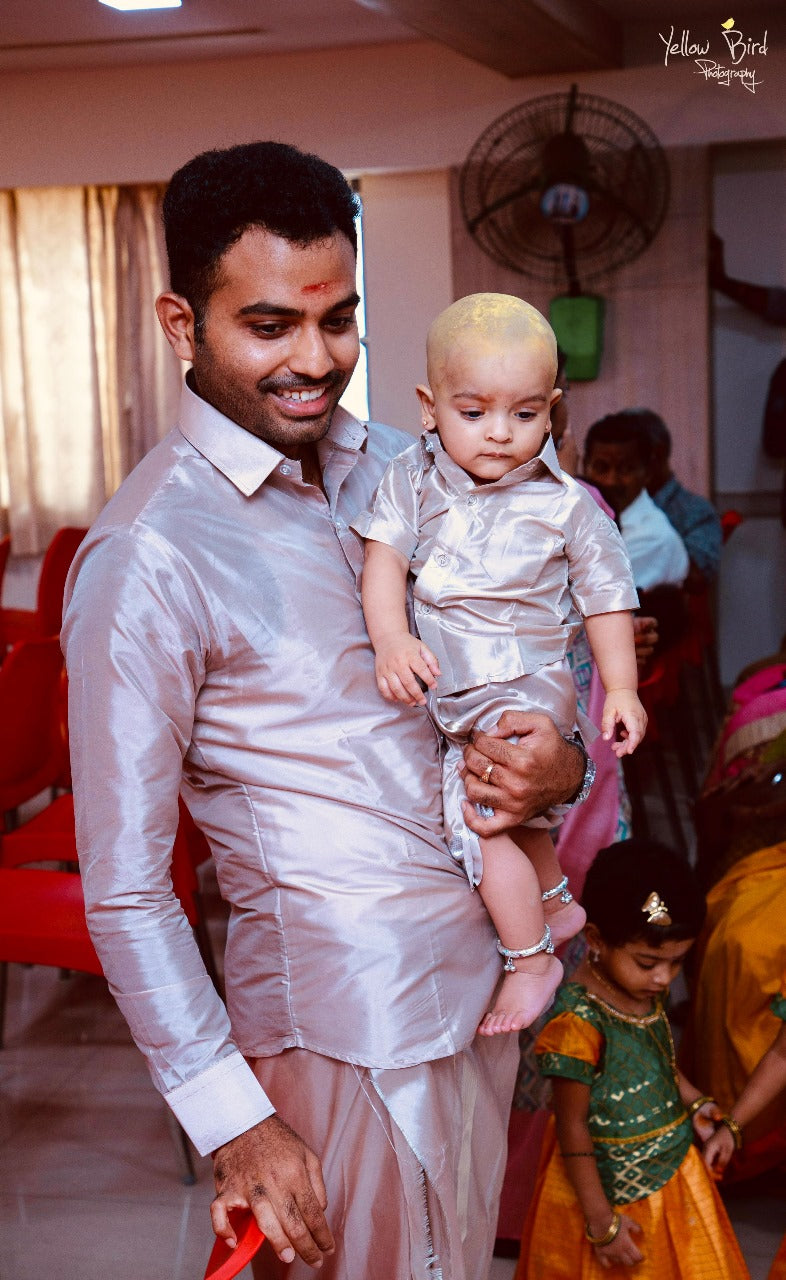 Horad Premium Art Silk Dad and Son Sandstone Shirt + Dhoti