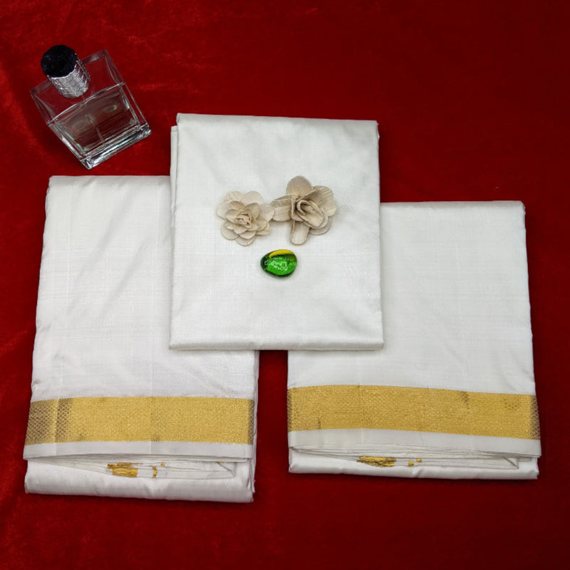 Horad Silk Blend Cream 1.50” Dhoti + Shirt Material + Angavastram (8X4)