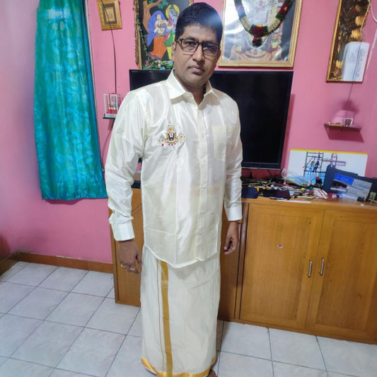 Horad Premium Art Silk Cream Balaji Embroidery Shirt + Cream with Gold Border Welcro Dhoti