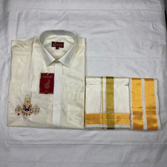 Horad Premium Art Silk Cream Balaji Embroidery Shirt + Cream with Gold Border Dhoti + Angavastram