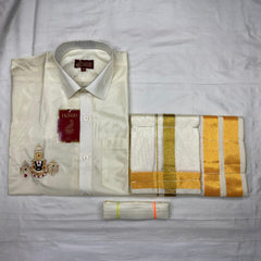 Horad Premium Art Silk Cream Balaji Embroidery Shirt + Cream with Gold Border Dhoti + Angavastram + Belt