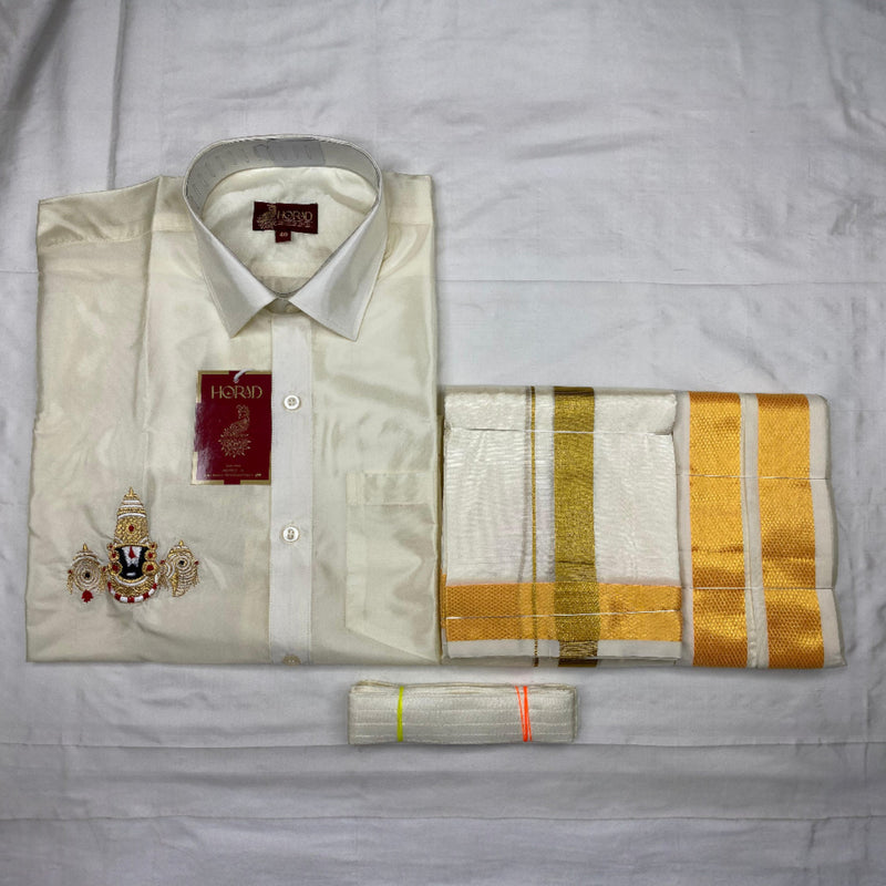 Horad Premium Art Silk Cream Balaji Embroidery Shirt + Cream with Gold Border Dhoti + Angavastram + Belt