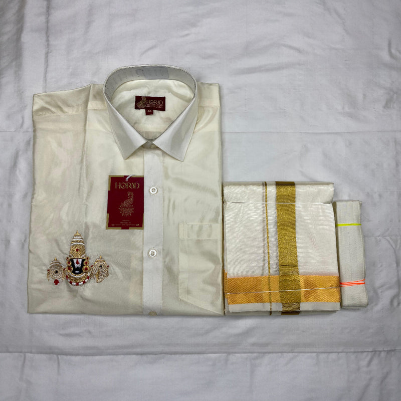 Horad Premium Art Silk Cream Balaji Embroidery Shirt + Cream with Gold Border Dhoti + Belt