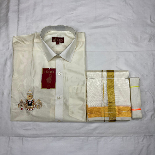 Horad Premium Art Silk Cream Balaji Embroidery Shirt + Cream with Gold Border Dhoti + Belt