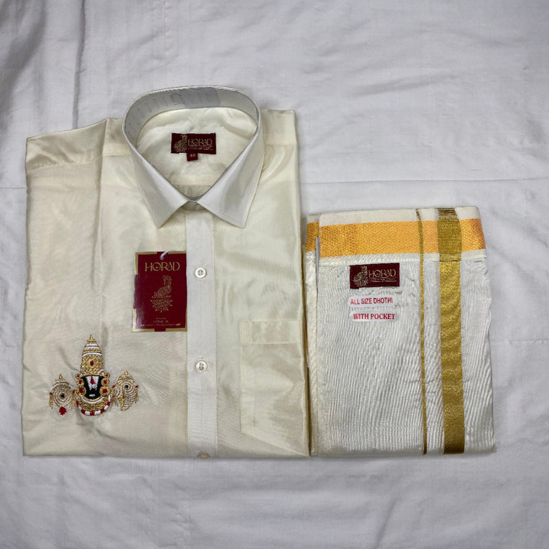 Horad Premium Art Silk Cream Balaji Embroidery Shirt + Cream with Gold Border Welcro Dhoti
