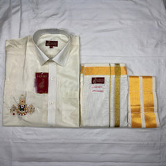 Horad Premium Art Silk Cream Balaji Embroidery Shirt + Cream with Gold Border Welcro Dhoti + Angavastram