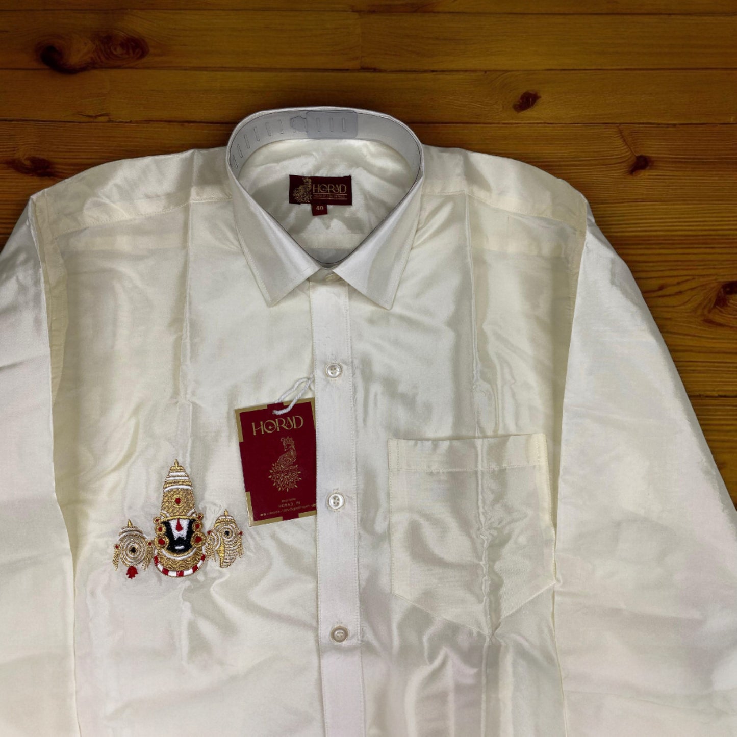 Horad Premium Art Silk Cream Balaji Embroidery Shirt + Cream with Copper Border Dhoti + Angavastram