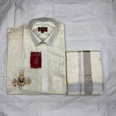 Horad Premium Art Silk Cream Balaji Embroidery Shirt + Cream with Silver Border Dhoti