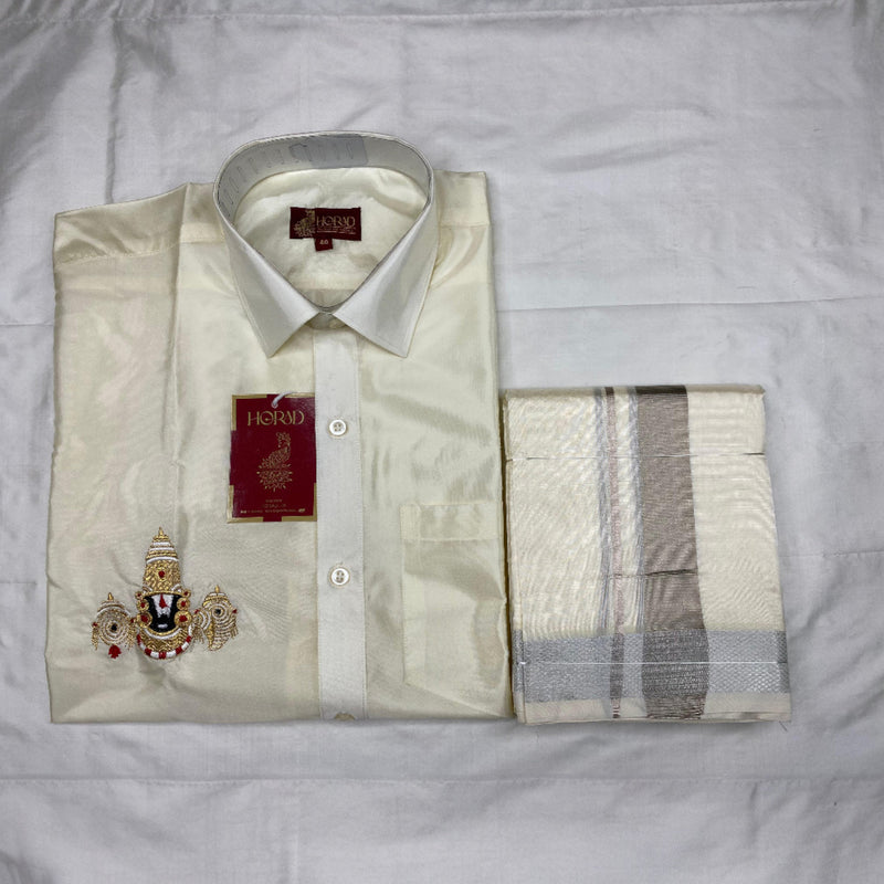 Horad Premium Art Silk Cream Balaji Embroidery Shirt + Cream with Silver Border Dhoti