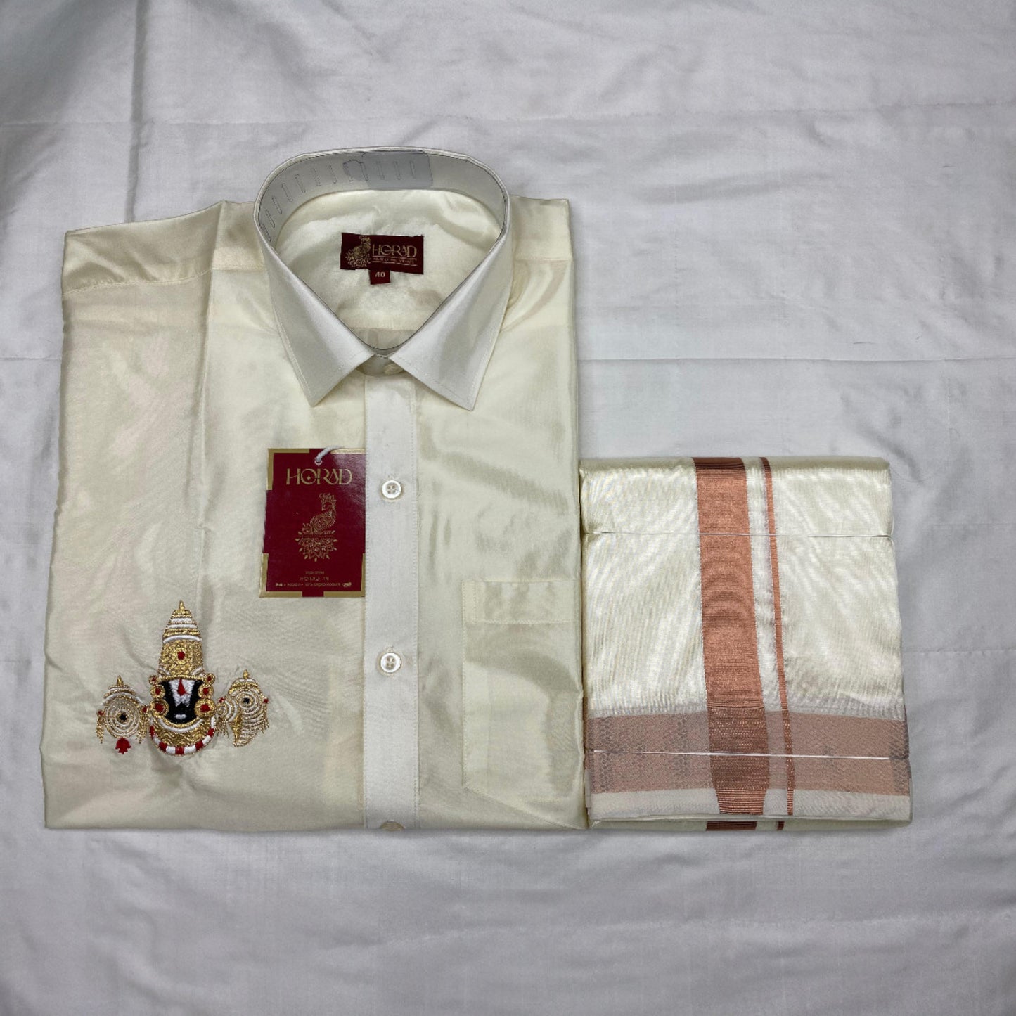 Horad Premium Art Silk Cream Balaji Embroidery Shirt + Cream with Copper Border Dhoti