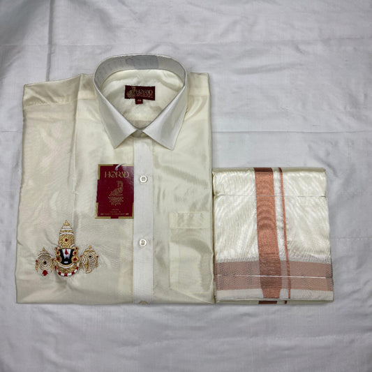 Horad Premium Art Silk Cream Balaji Embroidery Shirt + Cream with Copper Border Dhoti
