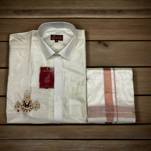 Horad Premium Art Silk Cream Balaji Embroidery Shirt + Cream with Copper Border Dhoti