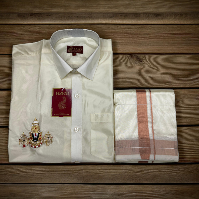 Horad Premium Art Silk Cream Balaji Embroidery Shirt + Cream with Copper Border Dhoti