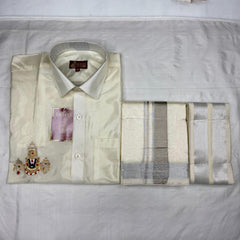 Horad Premium Art Silk Cream Balaji Embroidery Shirt + Cream with Silver Border Dhoti + Angavastram