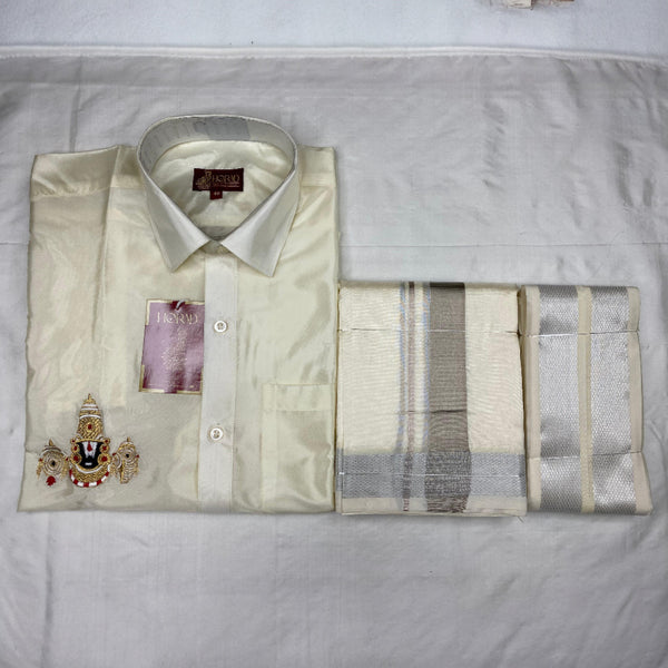 Horad Premium Art Silk Cream Balaji Embroidery Shirt + Cream with Silver Border Dhoti + Angavastram