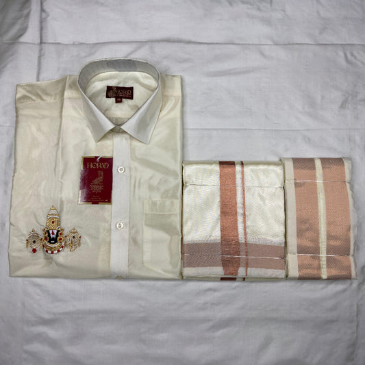 Horad Premium Art Silk Cream Balaji Embroidery Shirt + Cream with Copper Border Dhoti + Angavastram