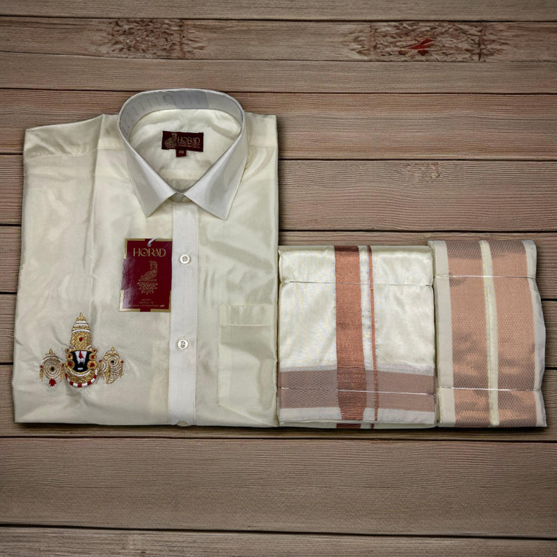Horad Premium Art Silk Cream Balaji Embroidery Shirt + Cream with Copper Border Dhoti + Angavastram