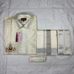 Horad Premium Art Silk Cream Balaji Embroidery Shirt + Cream with Silver Border Dhoti + Angavastram + Belt