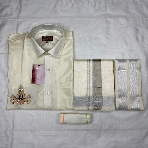 Horad Premium Art Silk Cream Balaji Embroidery Shirt + Cream with Silver Border Dhoti + Angavastram + Belt