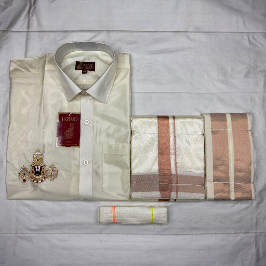 Horad Premium Art Silk Cream Balaji Embroidery Shirt + Cream with Copper Border Dhoti + Angavastram + Belt