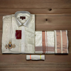 Horad Premium Art Silk Cream Balaji Embroidery Shirt + Cream with Copper Border Dhoti + Angavastram + Belt