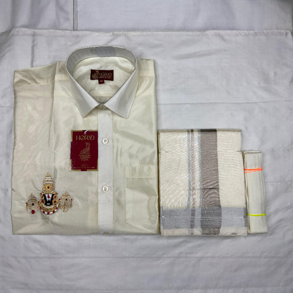 Horad Premium Art Silk Cream Balaji Embroidery Shirt + Cream with Silver Border Dhoti + Belt