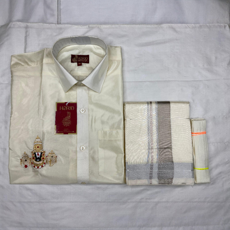 Horad Premium Art Silk Cream Balaji Embroidery Shirt + Cream with Silver Border Dhoti + Belt