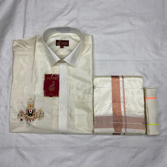Horad Premium Art Silk Cream Balaji Embroidery Shirt + Cream with Copper Border Dhoti + Belt