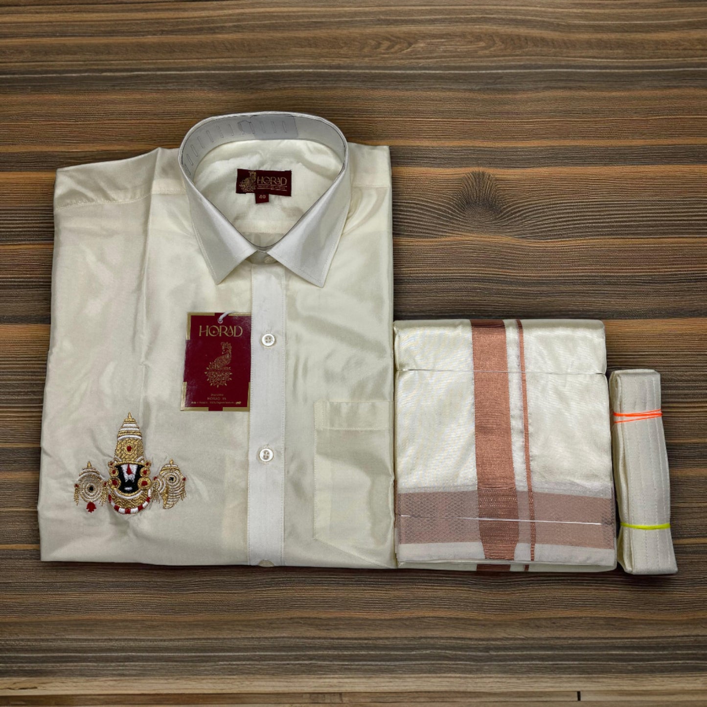 Horad Premium Art Silk Cream Balaji Embroidery Shirt + Cream with Copper Border Dhoti + Belt