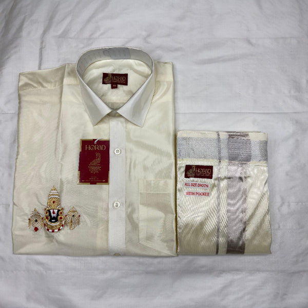 Horad Premium Art Silk Cream Balaji Embroidery Shirt + Cream with Silver Border Welcro Dhoti