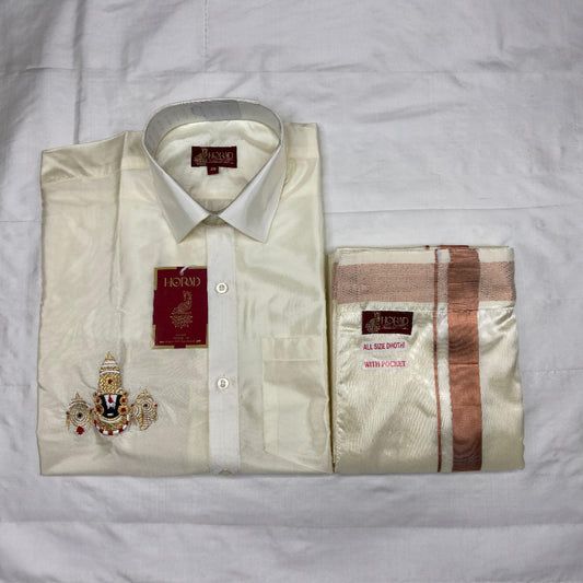 Horad Premium Art Silk Cream Balaji Embroidery Shirt + Cream with Copper Border Welcro Dhoti