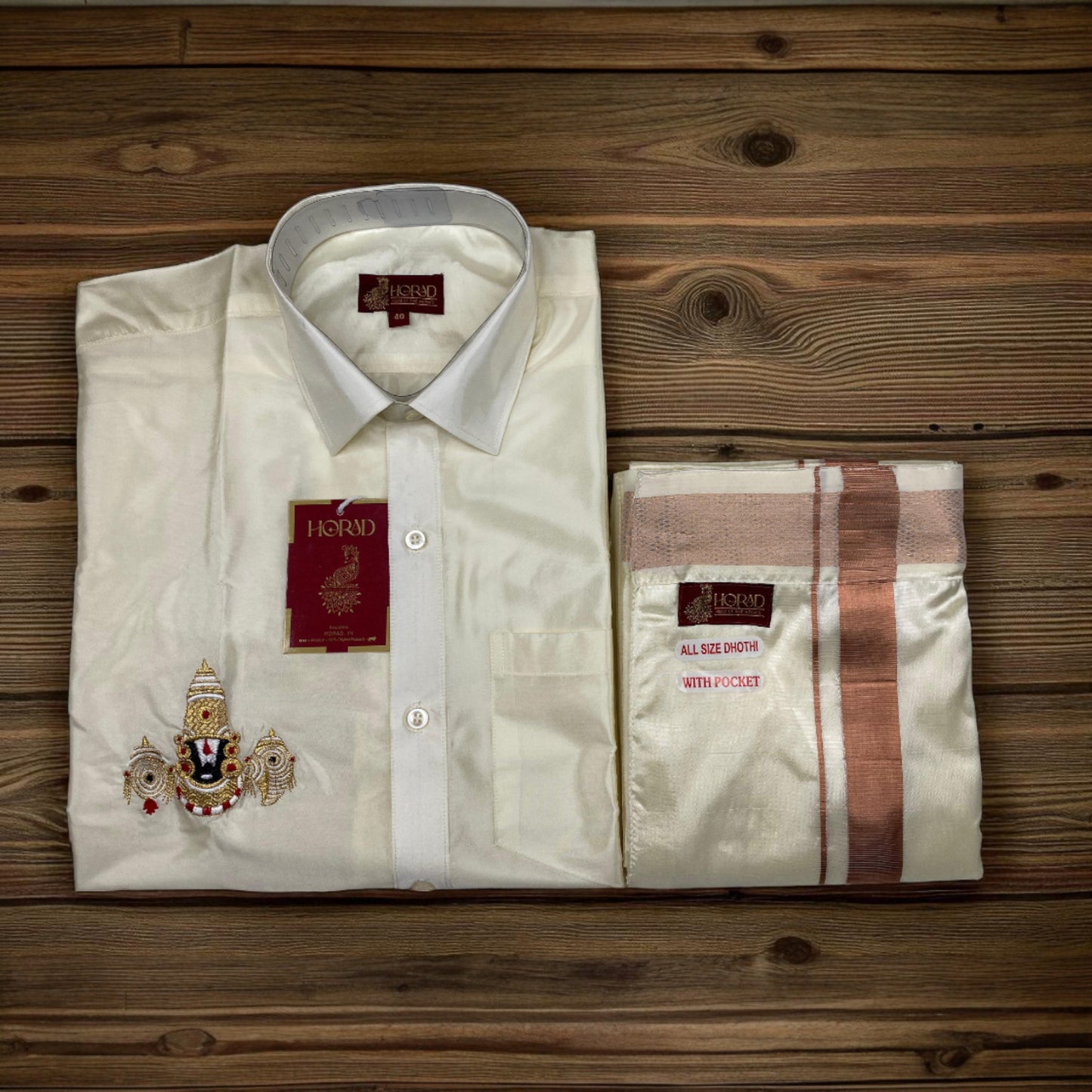 Horad Premium Art Silk Cream Balaji Embroidery Shirt + Cream with Copper Border Welcro Dhoti