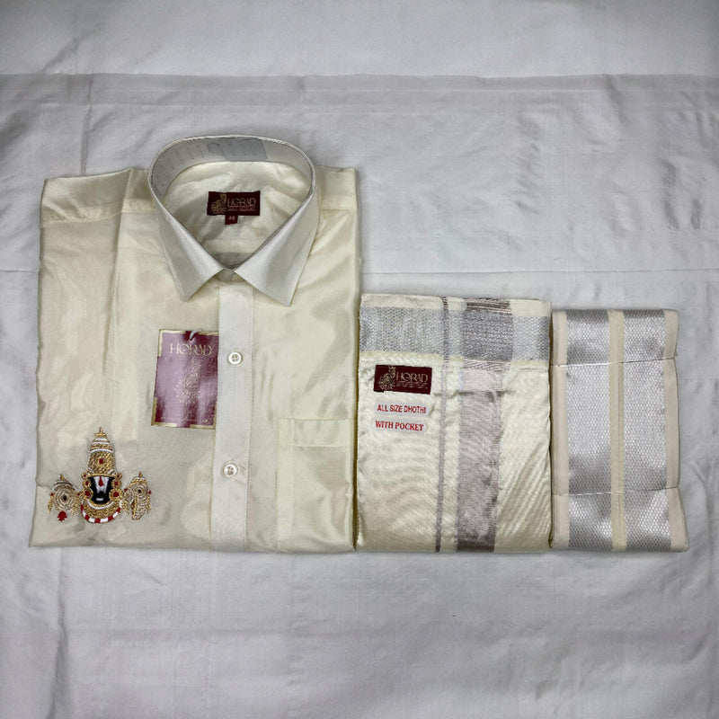 Horad Premium Art Silk Cream Balaji Embroidery Shirt + Cream with Silver Border Welcro Dhoti + Angavastram