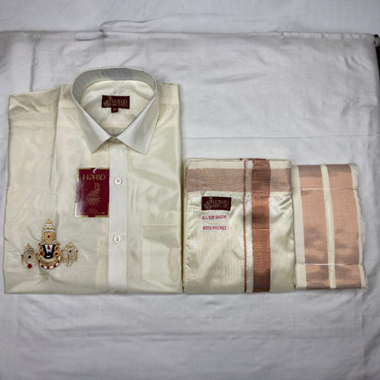 Horad Premium Art Silk Cream Balaji Embroidery Shirt + Cream with Copper Border Welcro Dhoti + Angavastram