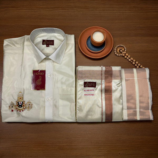 Horad Premium Art Silk Cream Balaji Embroidery Shirt + Cream with Copper Border Welcro Dhoti + Angavastram