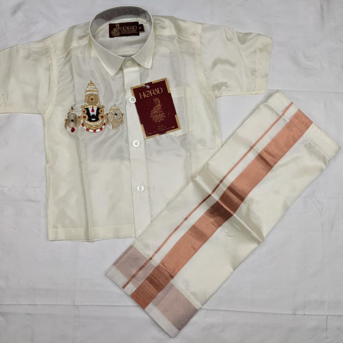 Horad Premium Art Silk Cream with Gold Balaji Embroidery Kids Set