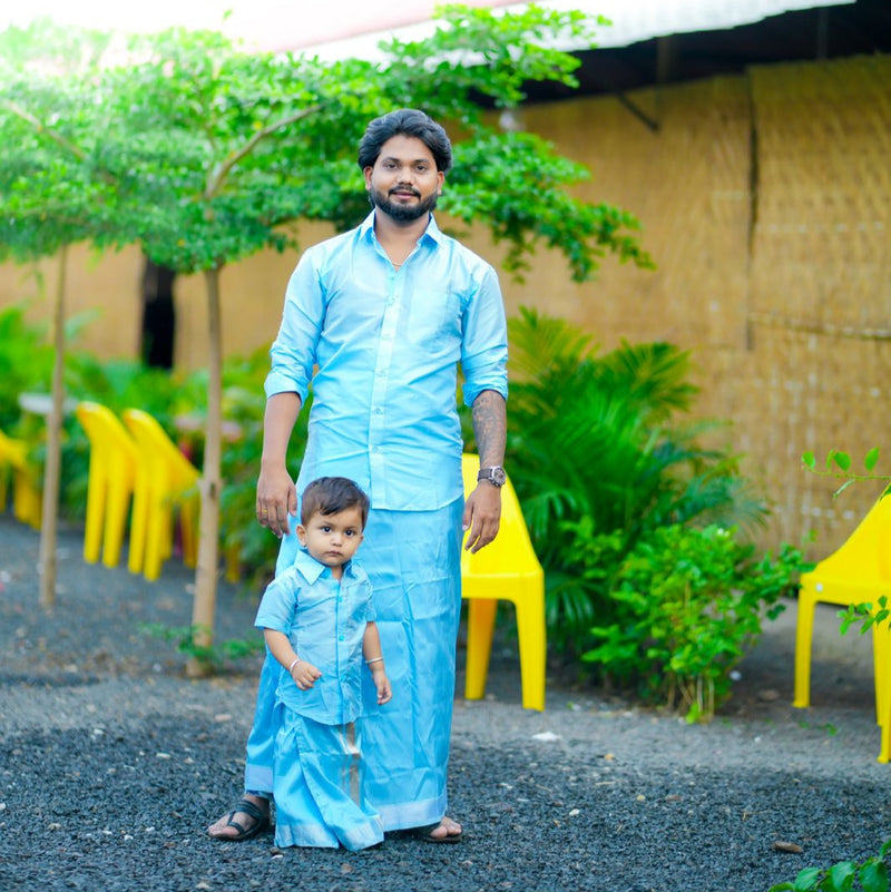 Horad Premium Art Silk Dad and Son Sky Blue Shirt + Welcro Dhoti