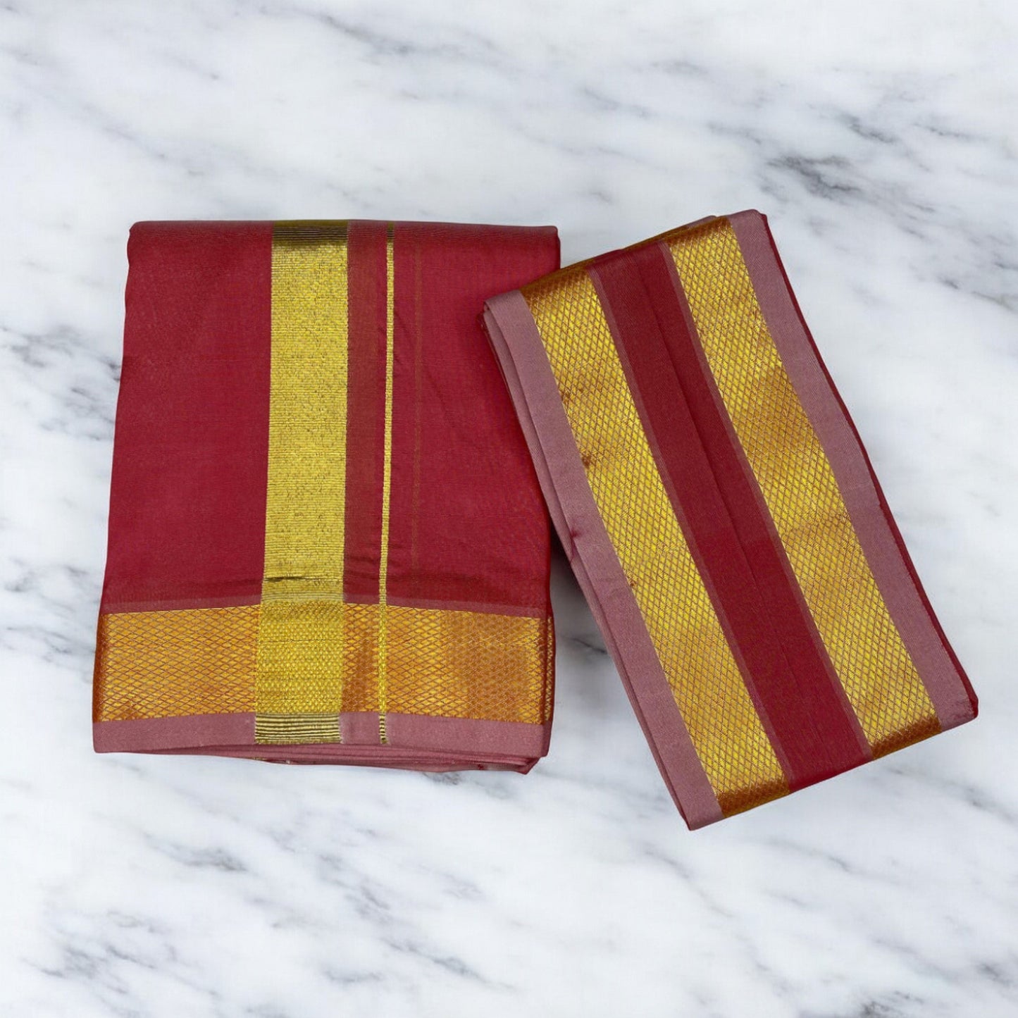 HORAD Premium Art Silk Red Dhoti + Angavastram (8X4)