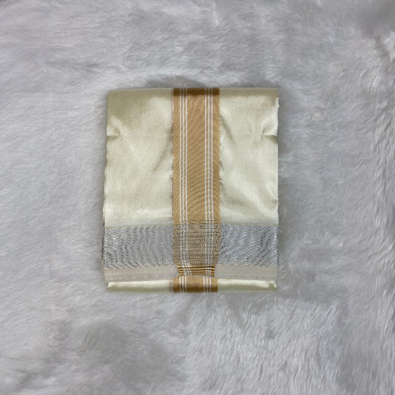 Horad Premium Art Silk Cream  Shirt +Cream with  Gold + Silver Border Dhoti + Angavastram + Belt