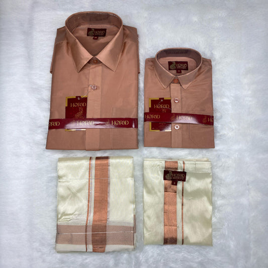 Horad Premium Art Silk Dad and Son Copper Shirt + Cream Dhoti