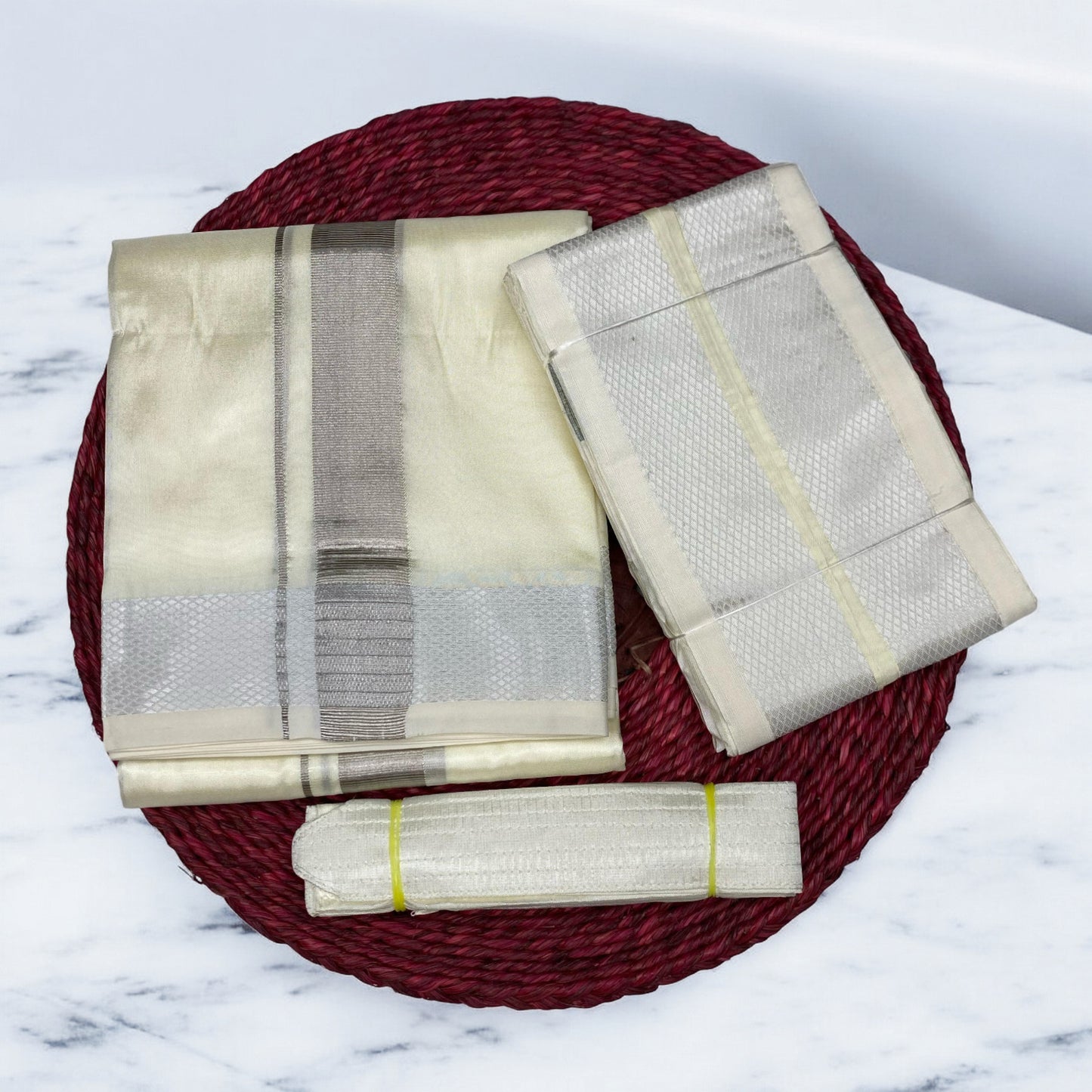 HORAD Premium Art Silk Cream with Silver Zari Dhoti + Angavastram + Belt (8X4)