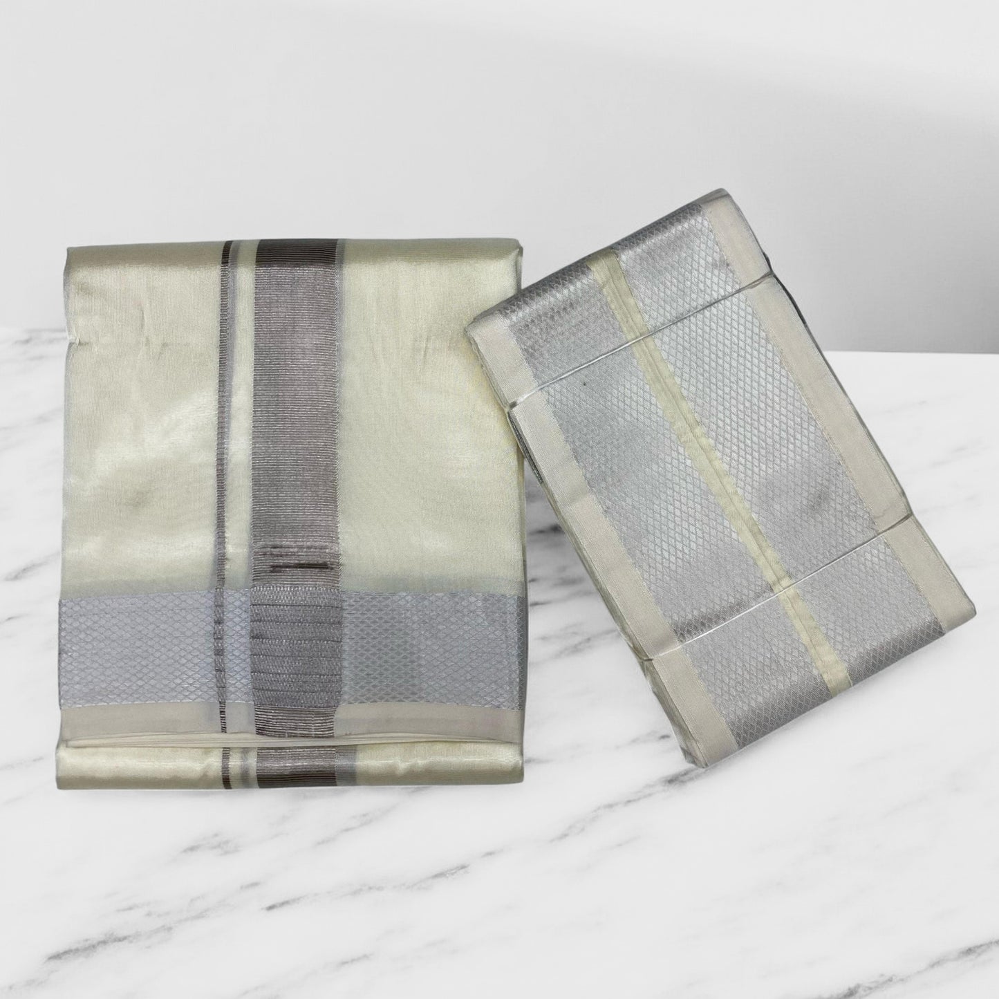 HORAD Premium Art Silk Cream with Silver Zari Dhoti + Angavastram(8X4)