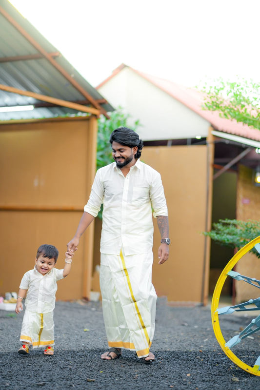 Horad Premium Art Silk Dad and Son Cream Shirt + Cream with Gold Dhoti + Belt