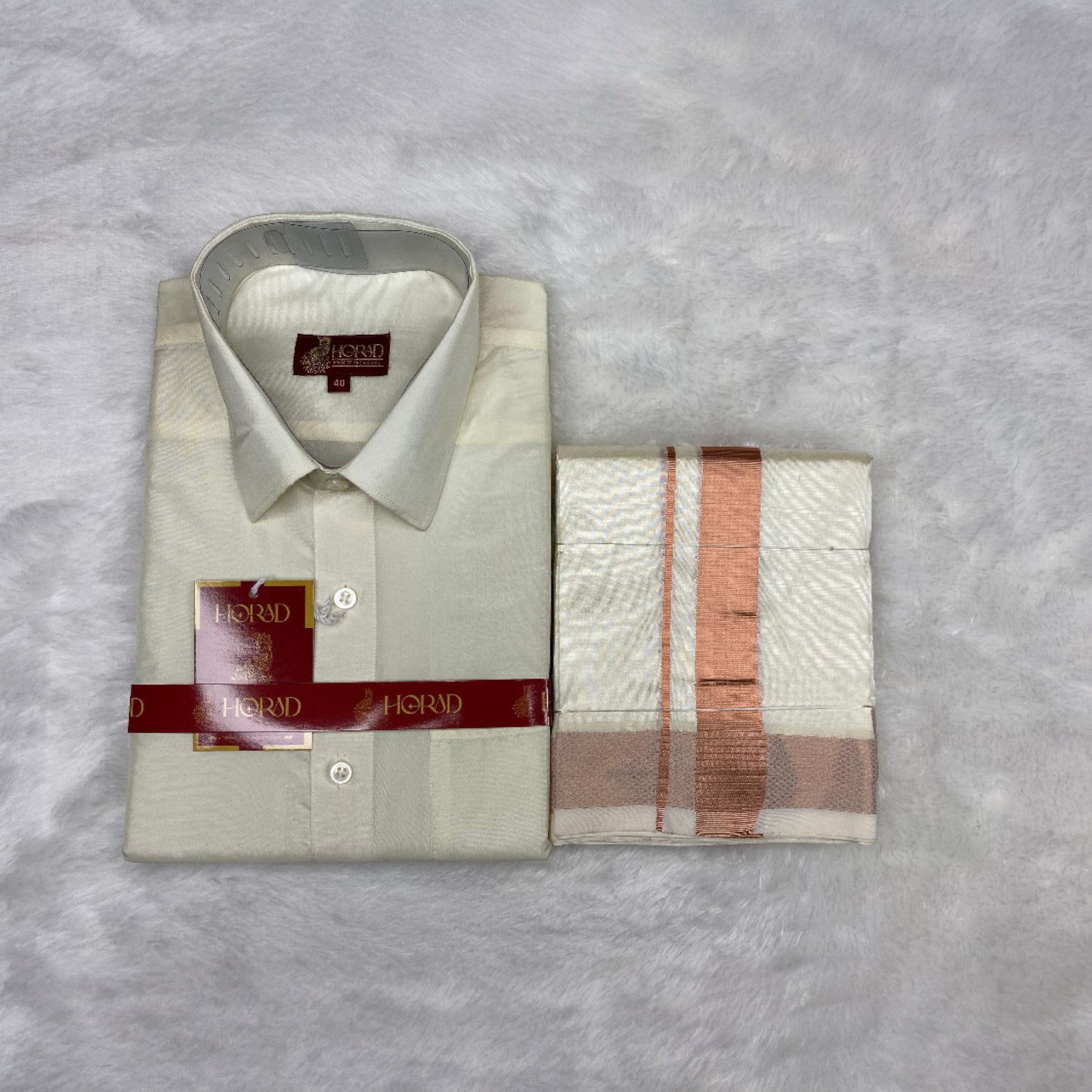 Horad Premium Art Silk Cream Shirt + Cream with Copper Dhoti