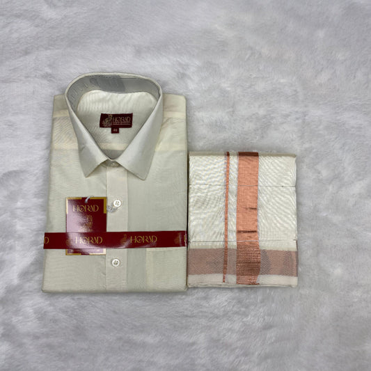 Horad Premium Art Silk Cream Shirt + Cream with Copper Dhoti