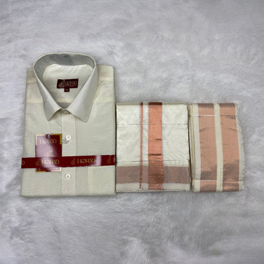 Horad Premium Art Silk Cream Shirt + Cream with Copper Dhoti +  Angavastram